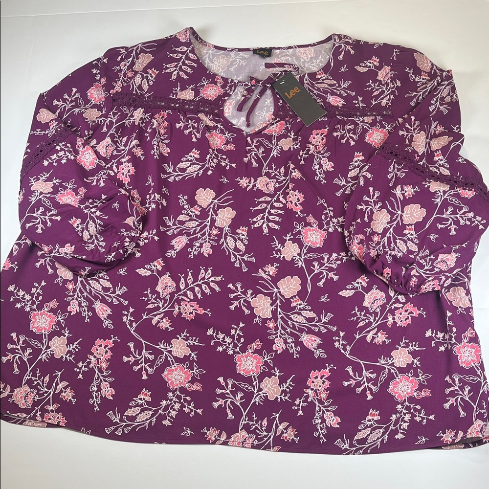 LEE Purple and Pink Floral 3/4 Sleeve Scope Neck Blouse Sz 2X